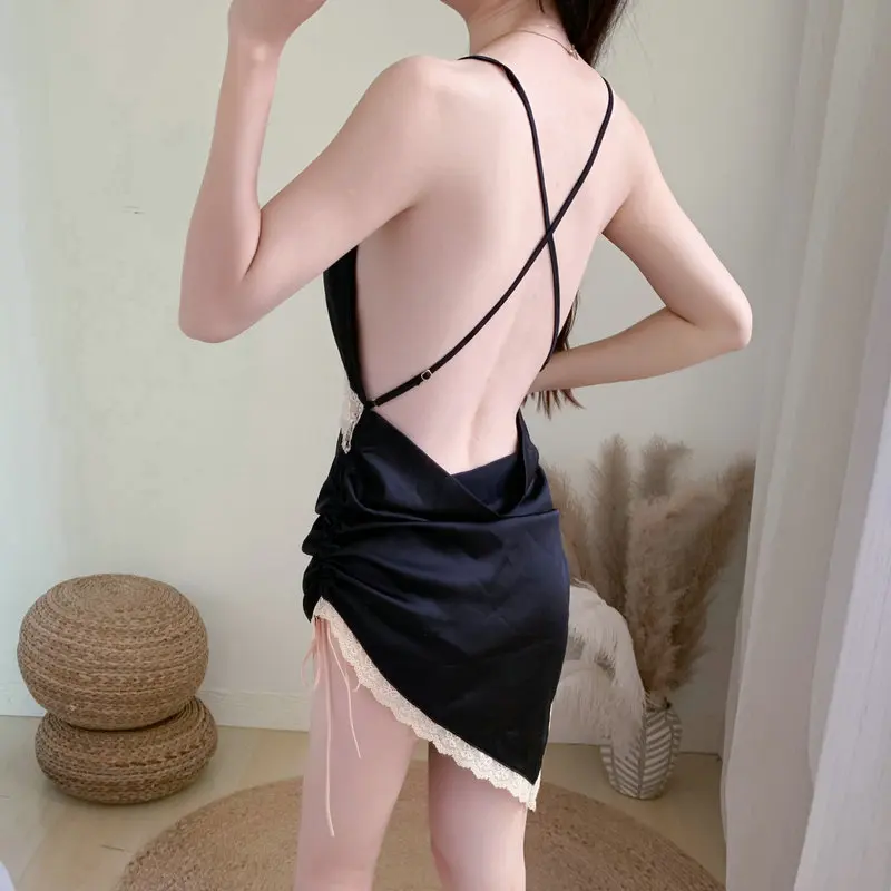 Женские сексуальные черные ночные сорочки кружевное контрастное платье с