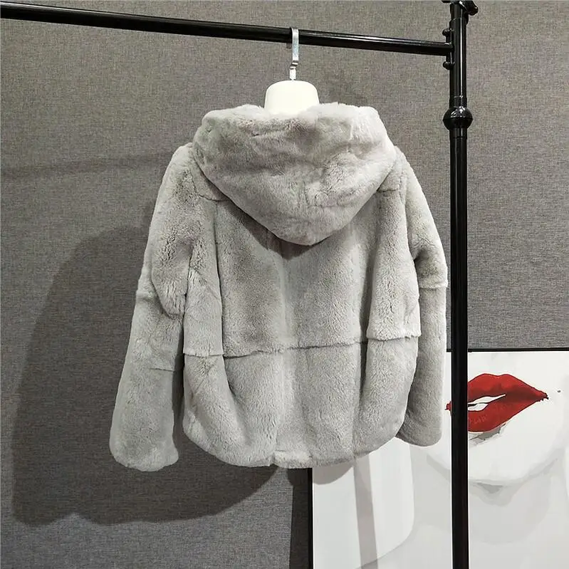 grey Натуральный настоящий мех кролика пальто из цельной кожи меховая одежда женская зимняя короткая куртка с капюшоном верхняя одежда с длинными рукавами однотонное пальто - Цвет: grey