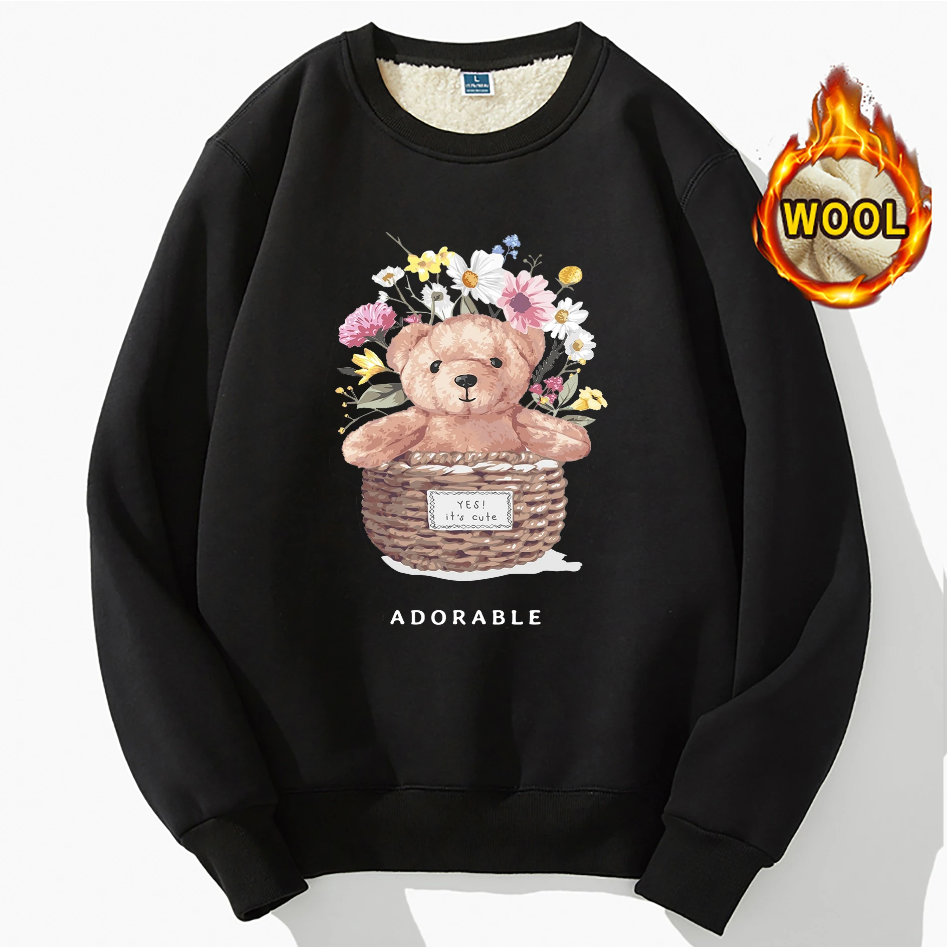 

Pluck Flowers Teddy Bear Print Hoodie Warm Wool Loose Sports Long Sleeve Pullover Harajuku Hip Hop Women Men Sweatshirt S-4XL