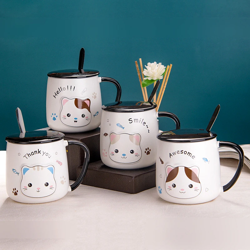 

Japanese Cartoon Cat Coffee Mug Creative Cute Animal Ceramic Cup with Lid Spoon Children's Breakfast Milk Mugs Ladies Office Cup