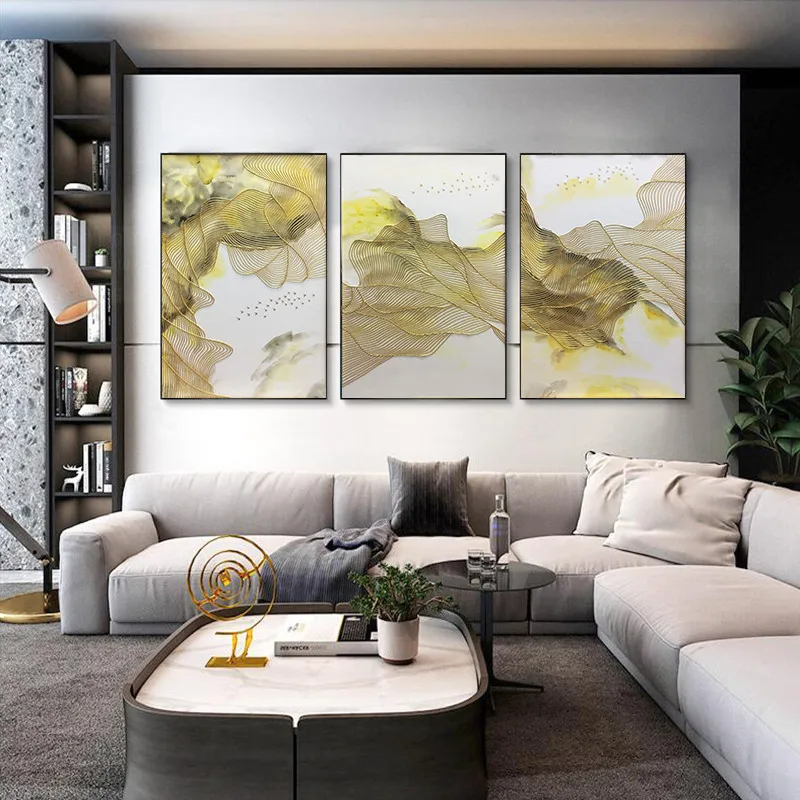 Kopen 3 Stuks Gold Lijn Abstract Canvas Schilderij Mountain Landschap Wall Art Foto Voor Woonkamer Thuis Wall Decor Originele Textuur