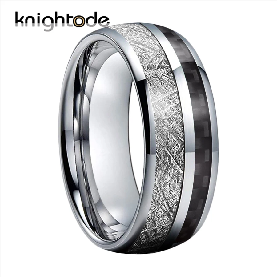 

8mm Tungsten Carbide Rings White Meteorite/Black Carbon Fiber Inlay For Men Women Wedding Band Couple Gift Dome Polished