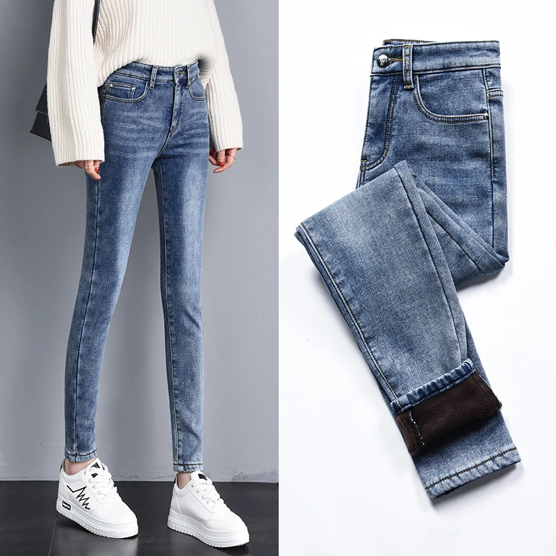 Женские шерстяные джинсы с высокой талией новые зимние утолщенные эластичные
