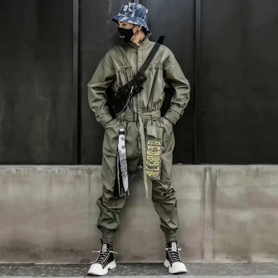 

Fashion Cargo Jumpsuit Men Hip Hop Overalls Long Sleeve Casual Punk Streetwear One Piece Rompers Plus Size Loose Male Trousers