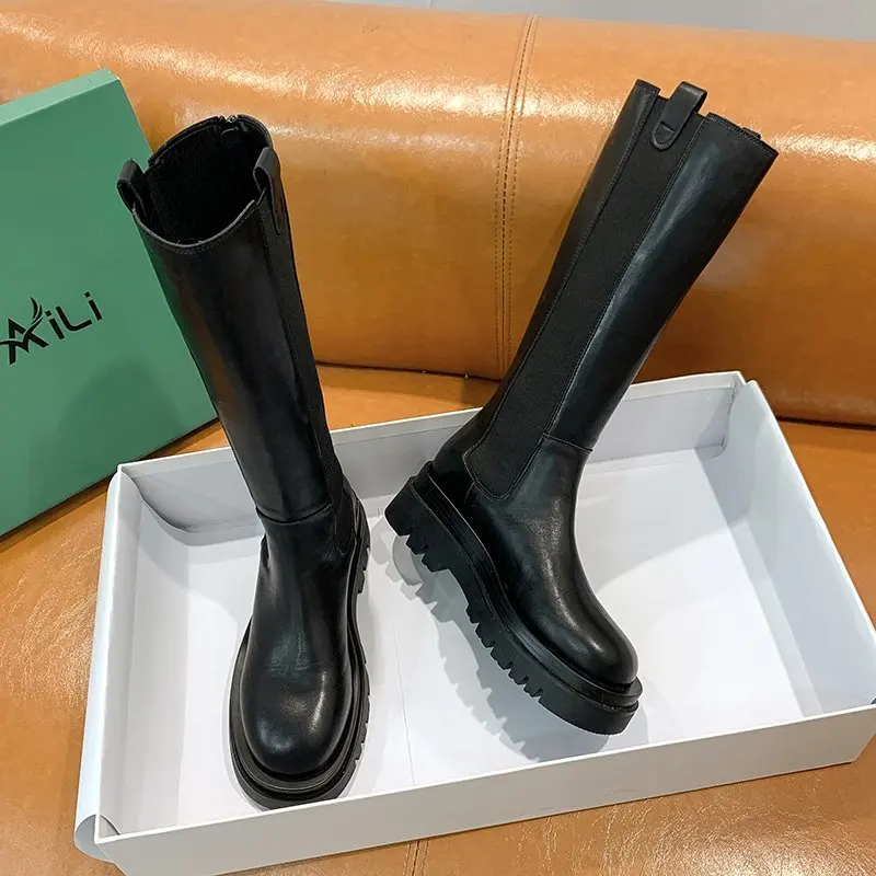 

2021 New Fashion Woman Non-slip Waterproof Winter Botas Zipper PU Leather Knee High Boots Women Chunky Platform Long Boots