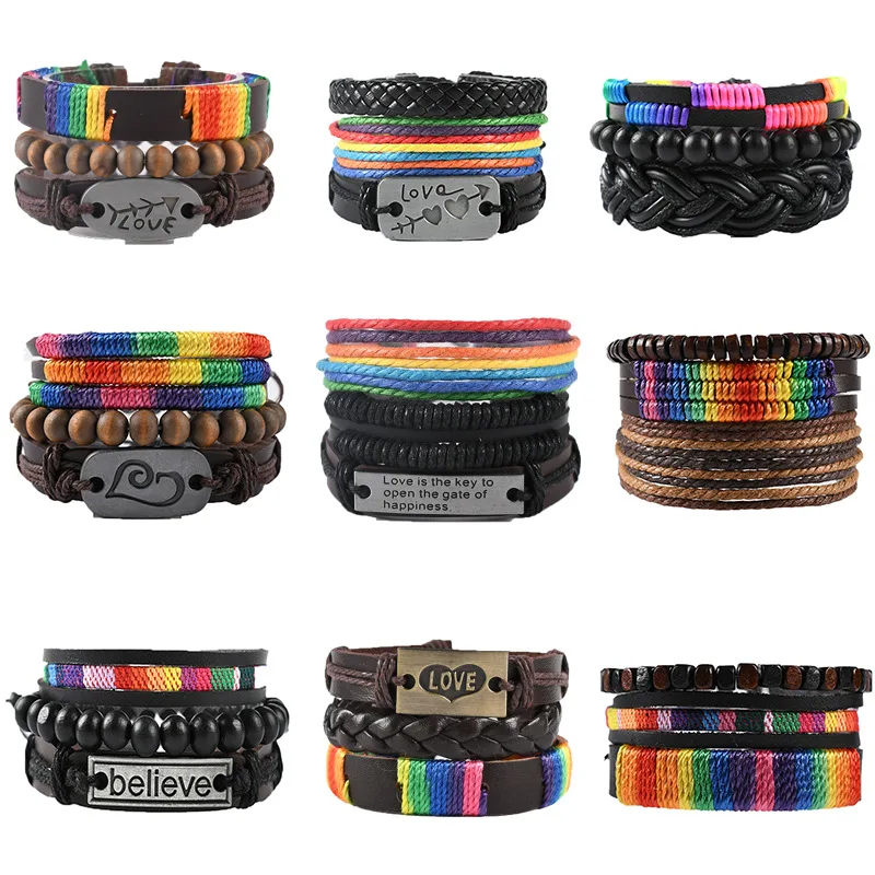 

Multi-Layer Braided Leather Bracelet Colorful Bohemia Wrsitband Rainbow Gay Pride Jewelry for Men Male Him