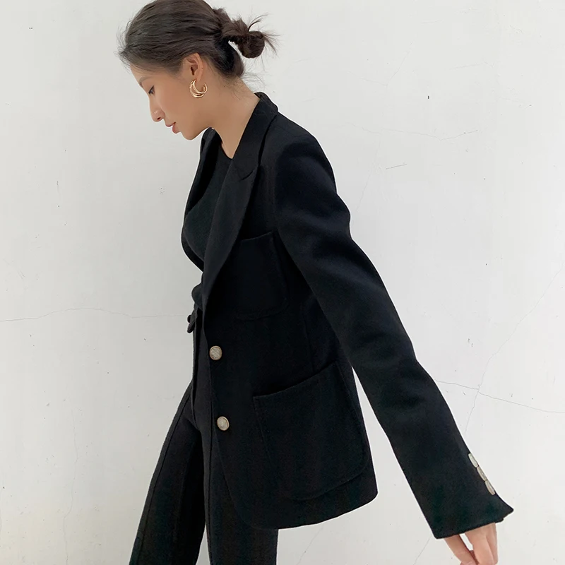 

Black Woollen Blazer Office Lady Suit Jacket 2020 Autumn Winter Shell Button Short Tweed Blazers Jackets for Women
