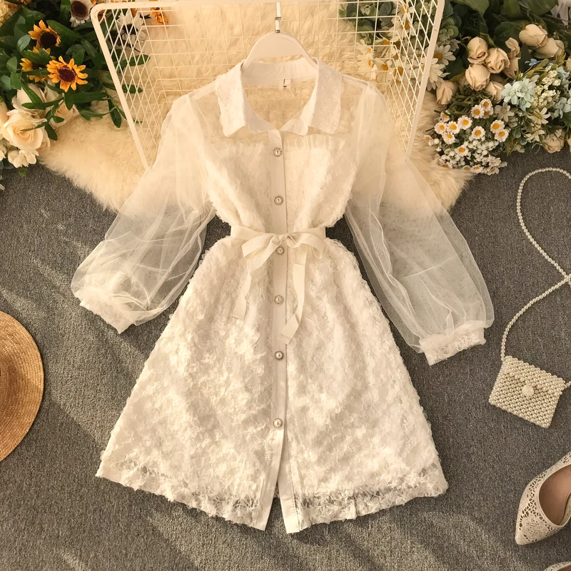 Новинка 2019 женское Сетчатое платье с пышными рукавами и цветочным рисунком