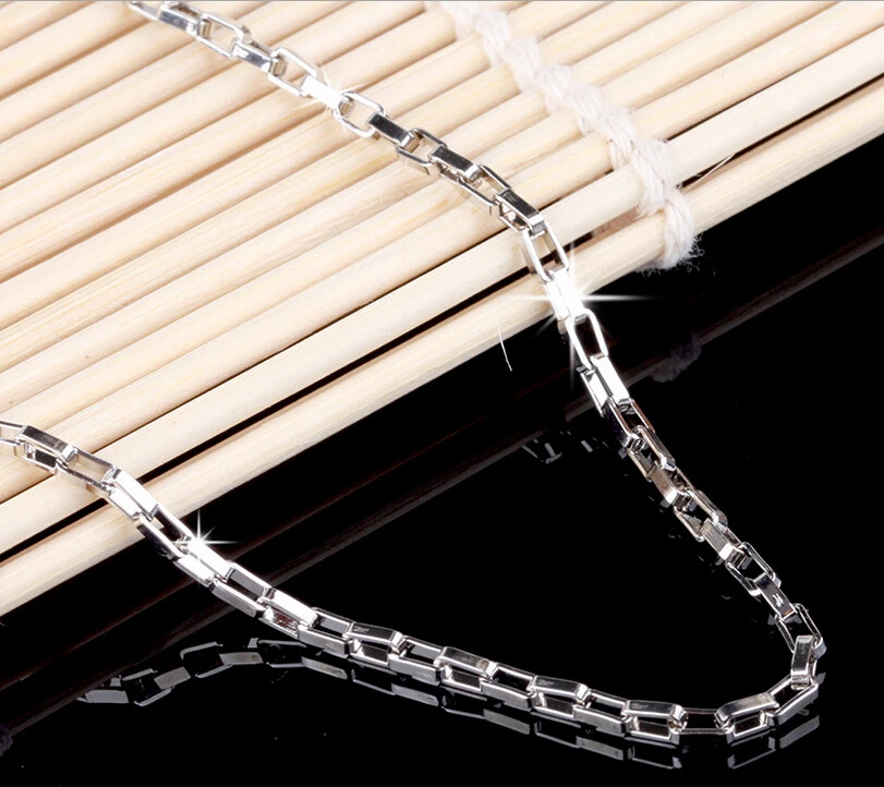 

POPACC 925 Sterling Silver necklace Box Link Chain Lobster Clasp collares necklaces for women and men