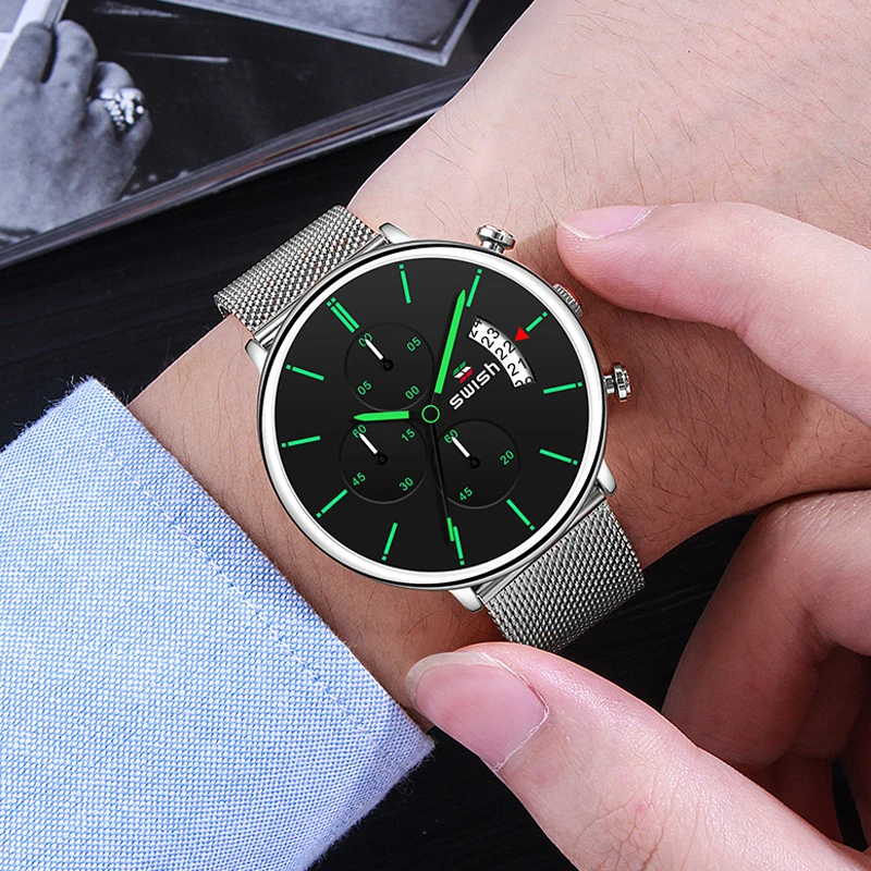 Мужские Кварцевые водонепроницаемые часы из нержавеющей стали с