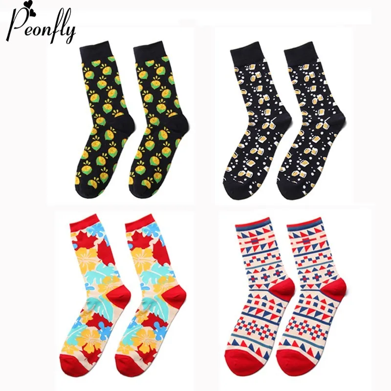 

Peonfly Colorful Winter Cartoon Beer Mug Lemon Geometry Pattern Cotton Jacquard Men Sock High Quality Happy Street Skate Socks