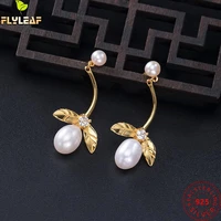 real 925 sterling silver jewelry freshwater pearls leaves drop earrings for women original design luxury femme accessories 2022