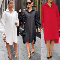 2021 spring and autumn long sleeve lapel pleating loose oversized shirt long maxi dresses for women turn down collar
