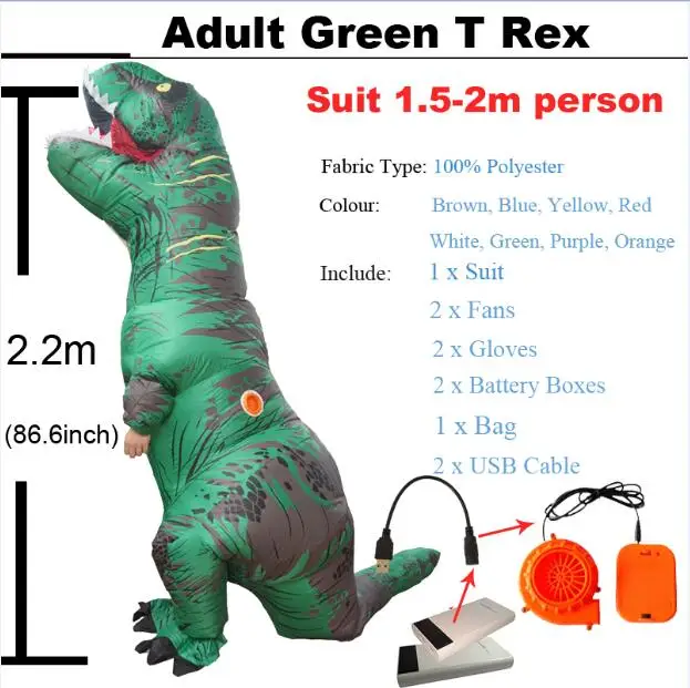 Adult Green T rex Мир Юрского периода 2 Велоцираптор Костюм надувной T REX динозавр костюм Хэллоуин Косплей Взрослый фантазия Раптор талисман костюм - Цвет: Adult Green T rex