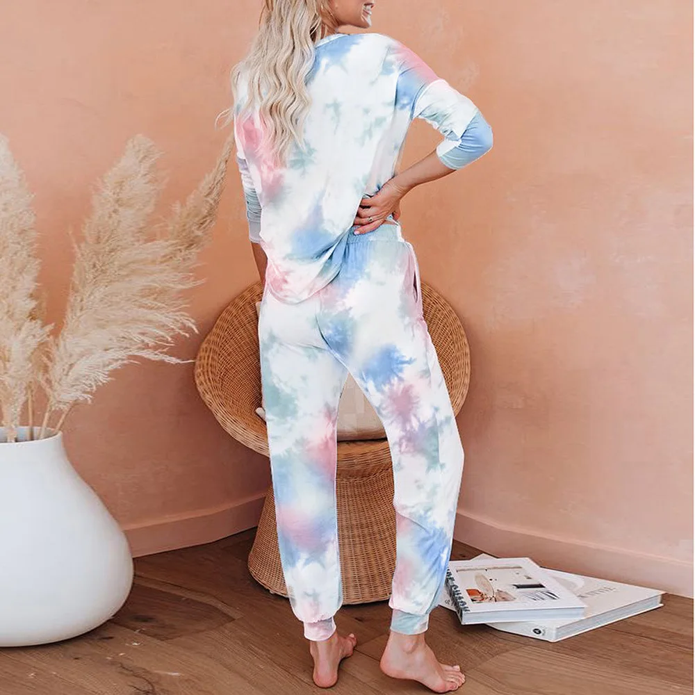 Женский пижамный комплект с длинным рукавом весенне осенний галстуком краской