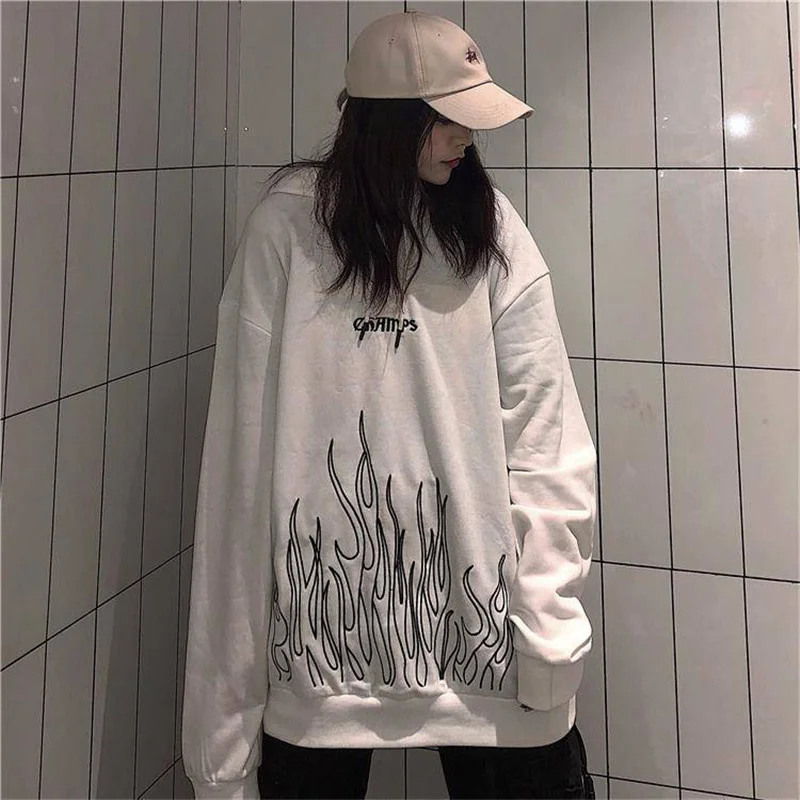 

Black Autumn Fire Print Hoodies Women Casual Loose Hip Hop Sweatshirts Womens High Street Harajuku Hoodies Men Women