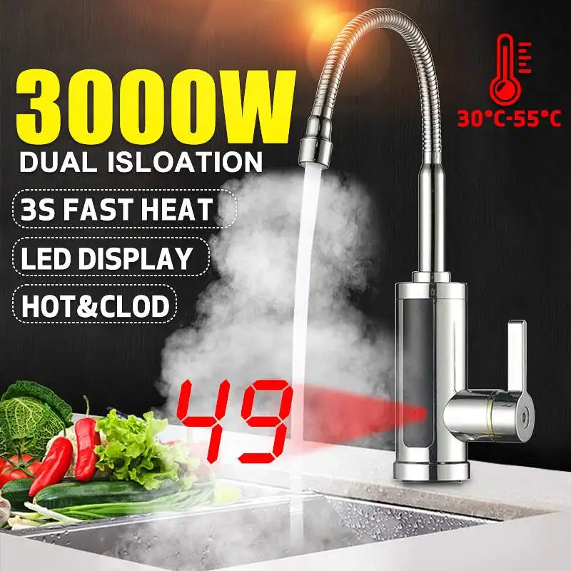 

3000W Electric Instant Heater Faucet Tap LED Digital Display Hot Water Kitchen Faucet Tankless Hot Cold Mixer Tap 360Rotation