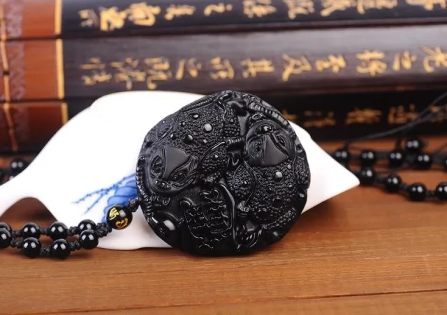 Ожерелье из натурального черного обсидиана с бусинами ручная работа кулон