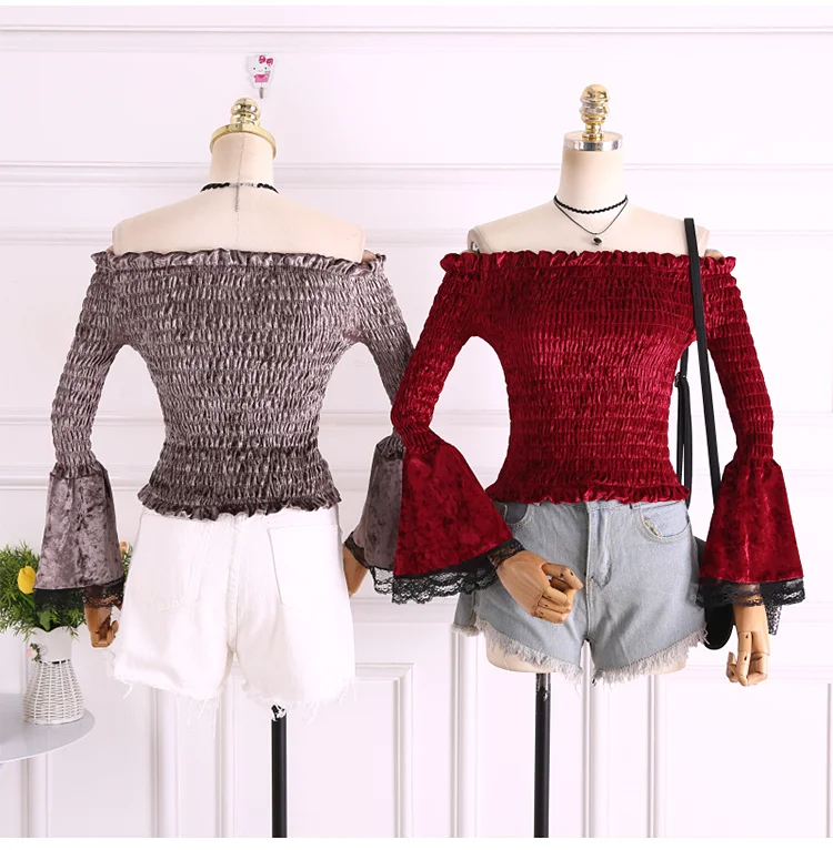 

208 Autumn Long Flare Sleeve Off Shoulder Velour T-shirts Women Off Shoulder Crop Tops Women Short Velvet T-shirt Velour Tops