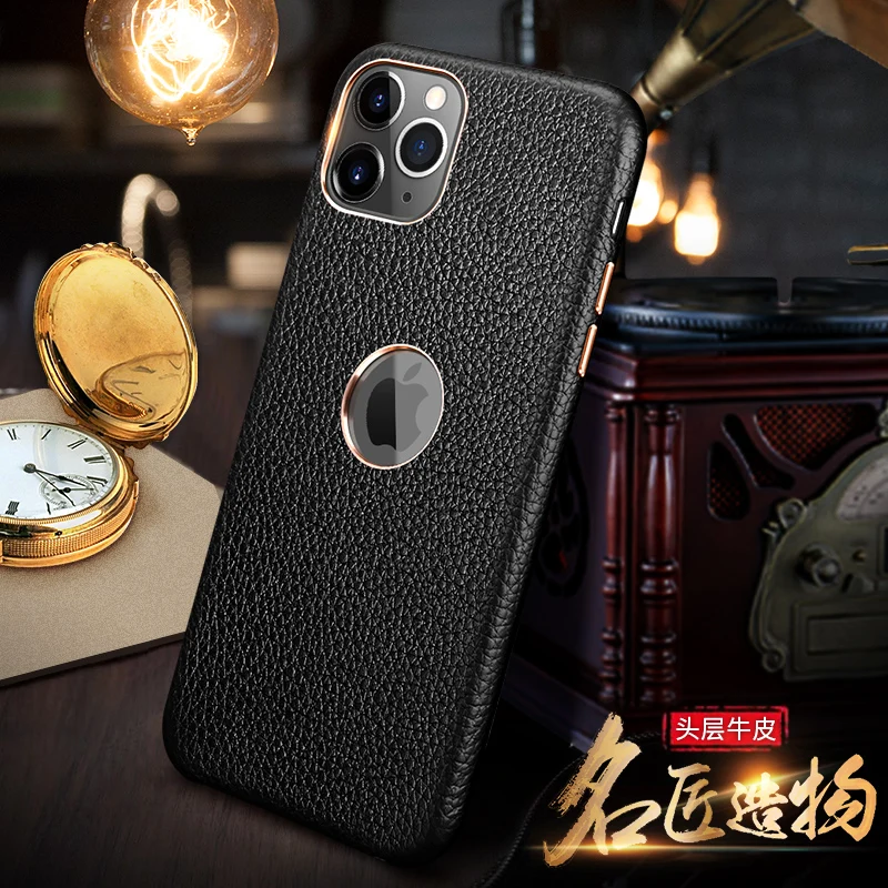 Чехол из натуральной воловьей кожи для iPhone 7, 8 Plus, X, XR, XS, 11 Pro, Max, бизнес чехол из зернистой кожи с металлической кнопкой