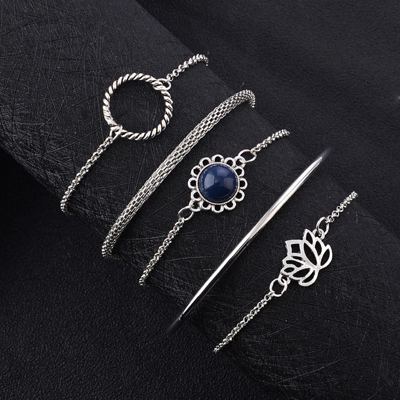 5pcs/set Fashion Personality Vintage Multilayer Lotus Circle Simple Bracelet Boho Style Temperament Chain | Украшения и