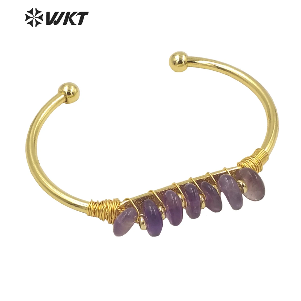 

WT-B580 Elegant tiny gold plated resist tarnishable stone bangle handmade wire wrapped irregular stone made cuff bangle