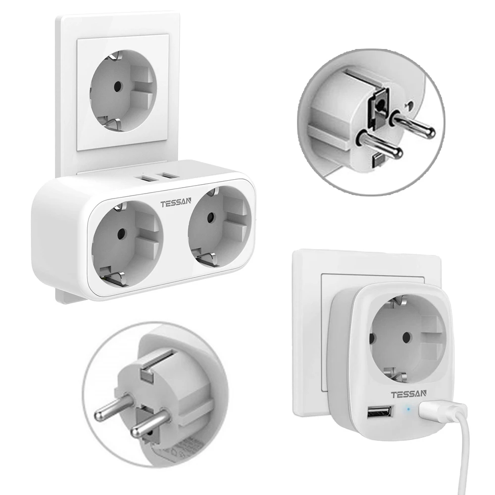 

TESSAN White All in 1 EU Socket Power Strip with 2 USB Ports and 2 AC Outlets Wall Socket Adapter Overload Protection for Home