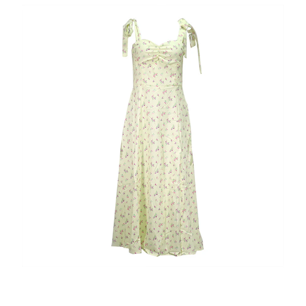 

Fashion Casual Print Dress Women Sexy Side Split Floral Ladies Dress Summer Sleeveless Tie Up Bow Strap Elegant Midi Dresses