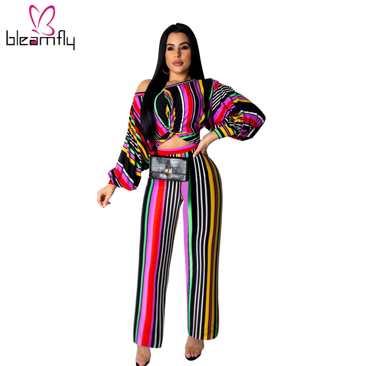 2019 летний женский комплект из двух предметов полосатый принт с открытыми плечами