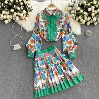 spring fashion runway midi skirt sets womens long sleeve contrast color green white shirt and pleated skirts two piece suit