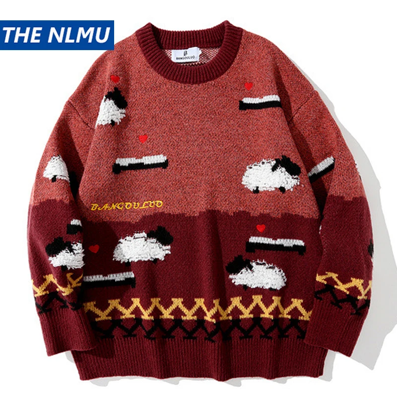 

Men Harajuku Sweater Hip Hop Streetwear Creative Print Knitted Jumper Sweater 2021 Cotton Pullover Loose Knitwear White WE167