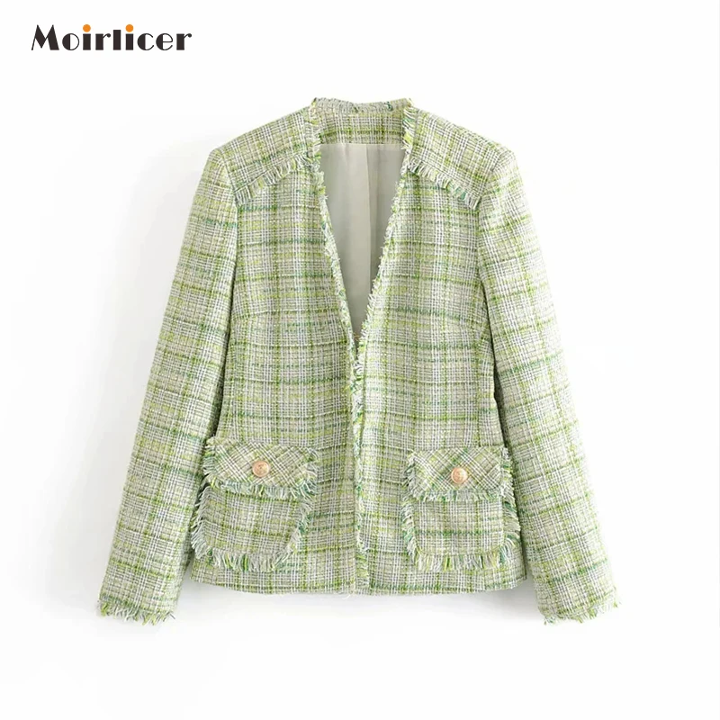 Женский твидовый блейзер с длинным рукавом зеленая клетчатая куртка V-образным