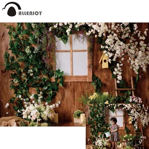 Allenjoy Child Spring Easter Photography Backdrops Indoor Wooden Leaves Plant Flowers Studio Backgrounds Props For Take Photo