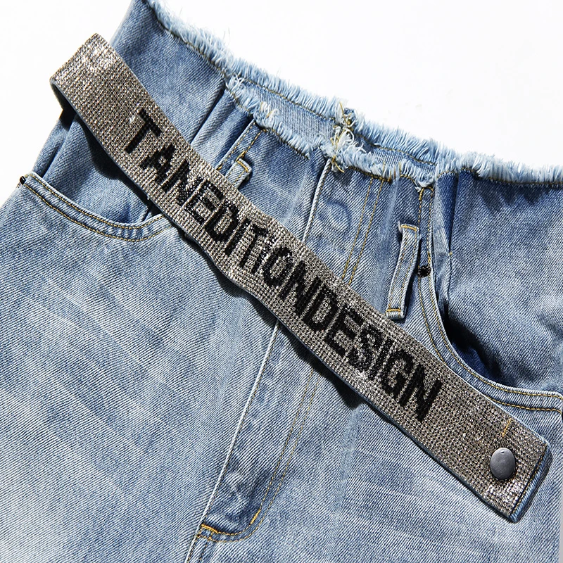 

SHENGPALAE Streetwear Diamond Belt Jeans Women's Autumn 2021 New High Waist Solid Color Loose Straight Denim Pants Female Tide