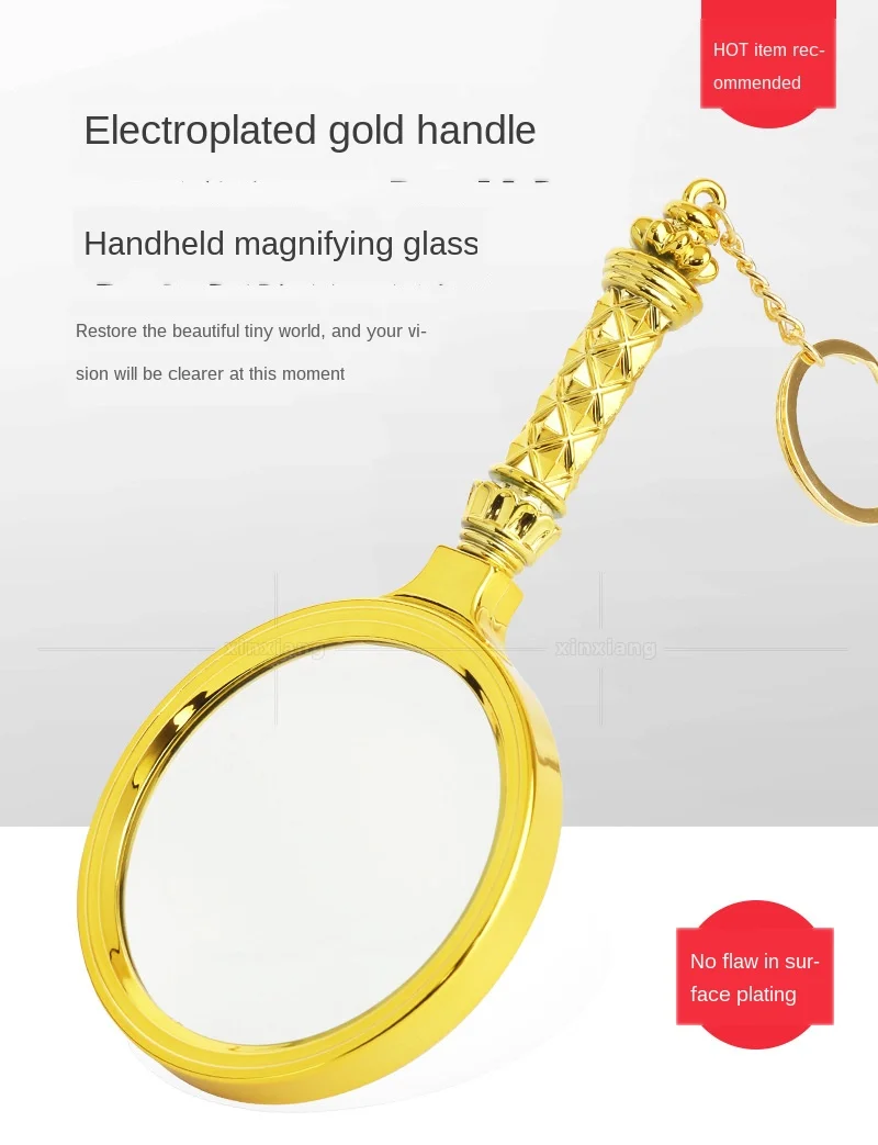 100mm Large Gold-Plated Yellow Craft Gift Glass Optical Lens Reading Magnifying Glass Handle Key Ring