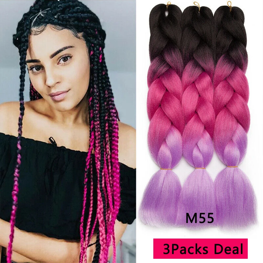 

LIHUI 3PCS 24" Synthetic Braiding Hair Braids Ombre Jumbo Braid Black Pink Purple 3 Tone Hair Extensions For Braid 100g/pack