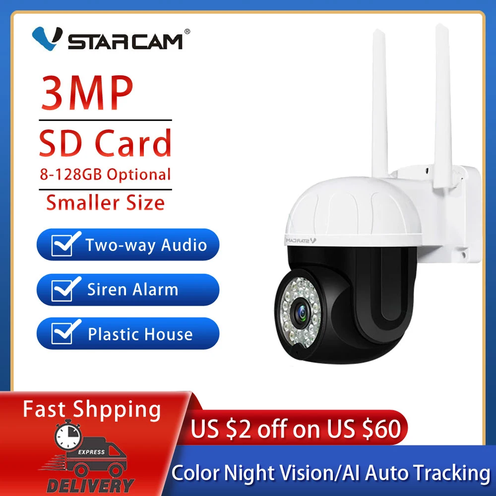 

Уличная мини-камера Vstarcam, 3 Мп, PTZ, Wi-Fi, HD 1296P, цифровой зум, ии, датчик обнаружения человека, водонепроницаемая, с цветным ночным видением