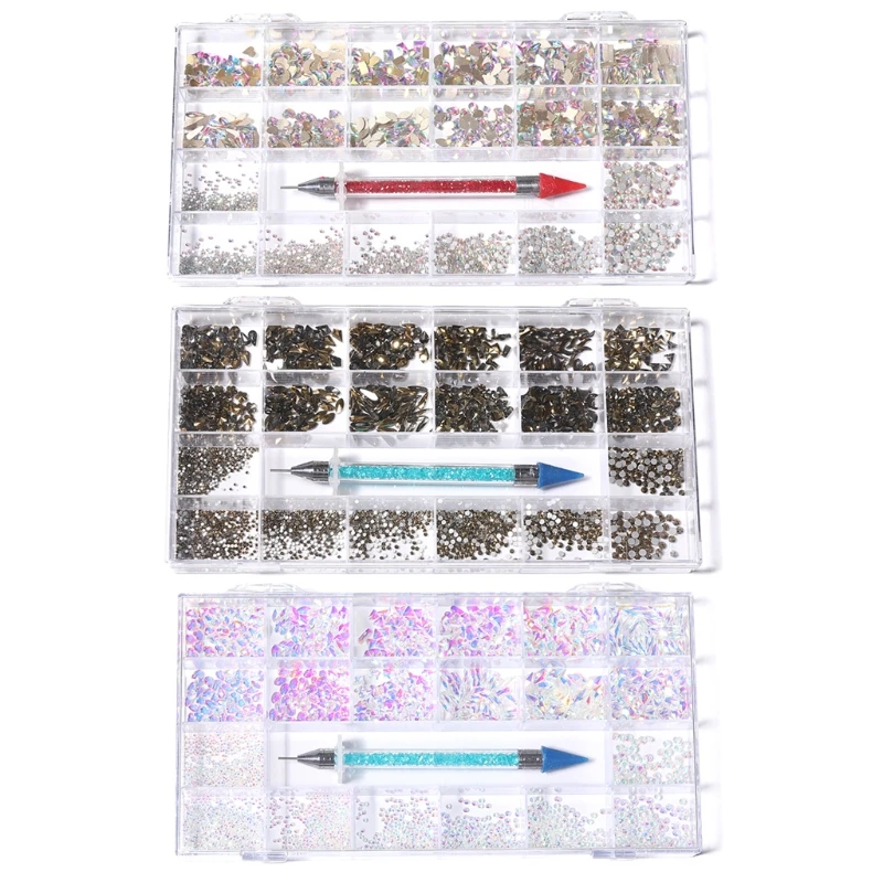 

27RC 21 Grids Glass Crystals Nail Art Mix Sizes Flat Back Decoration Set with Rhinestone Dotting Pen DIY Crafts Accessories
