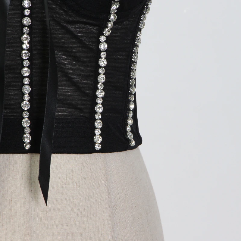 

TWOTWINSTYLE Patchwork Black Bowknot Waistcoat For Women V-neck Sleeveless Slimming Sheer Mesh Camis Female 2021 Summer Clothing