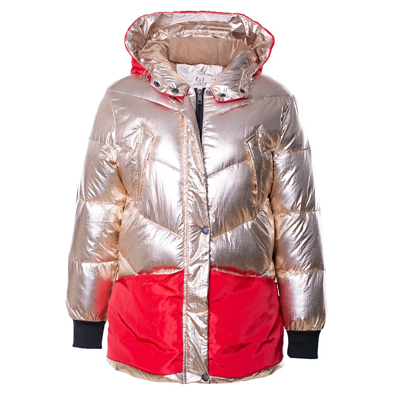 

2020 winter new women's padded jacket, European and American bright face contrast color hooded mid-length ladies padded jacket