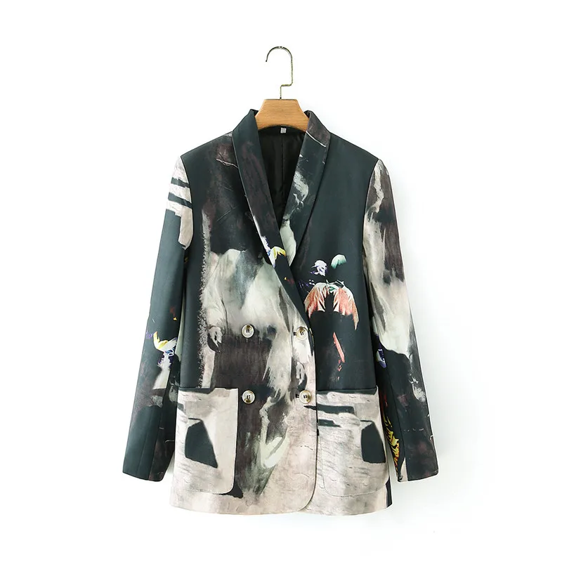 

Women Fashion Tie dye Print Patchwork Blazer Coat Vintage Long Sleeve Pockets Female Outerwear Chic Veste Femme
