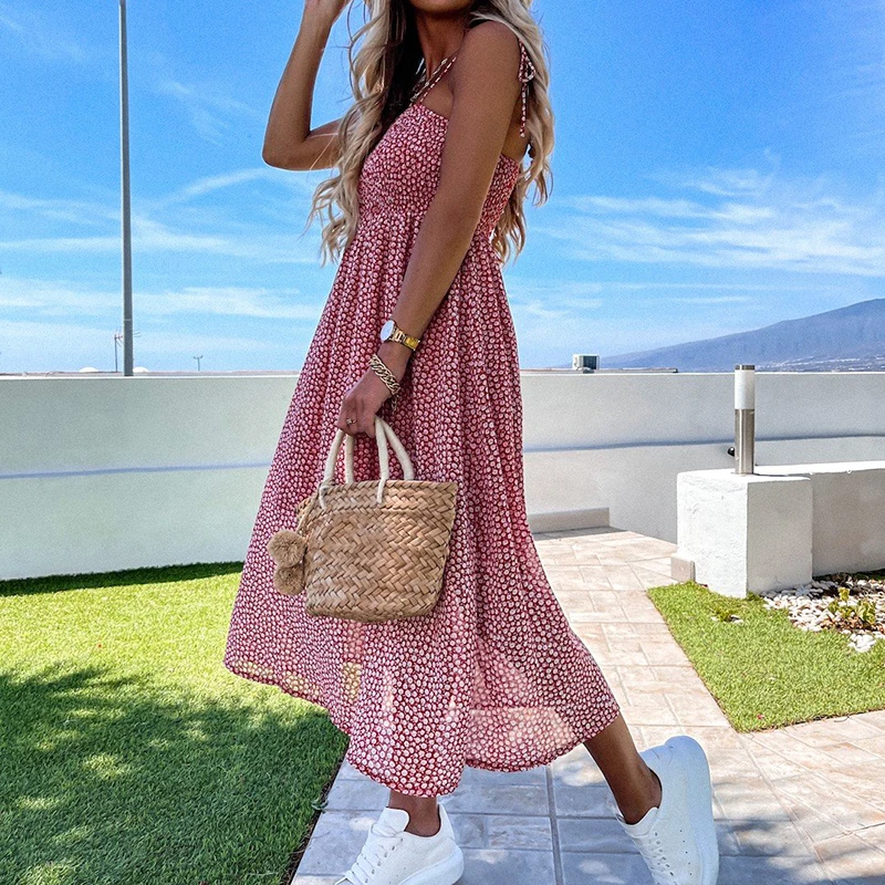 

Summer Long Chiffon Floral Print Dress 2021 Women Spaghetti Strap Beach Holiday Sundress Boho Sleeveless A Line Party Dress Lady