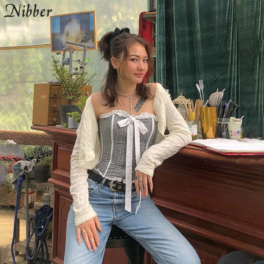 NIBBER, осенний, Harajuku, розовый, без бретелек, с бантом, Тонкий Топ, женский, короткий, камзол,, винтажный, клетчатый, элегантный, облегающий жилет, тройники