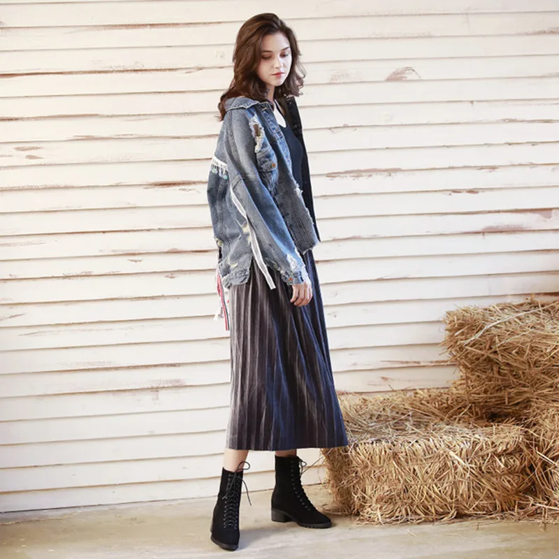 

Oversized streetwear denim coat women new hole jean jacket spring autumn Ribbon tassel women's denim jacket avatar print outwear
