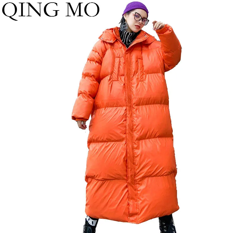 QING MO черные зеленые оранжевые женские парки с капюшоном 2019 зимние толстые теплые