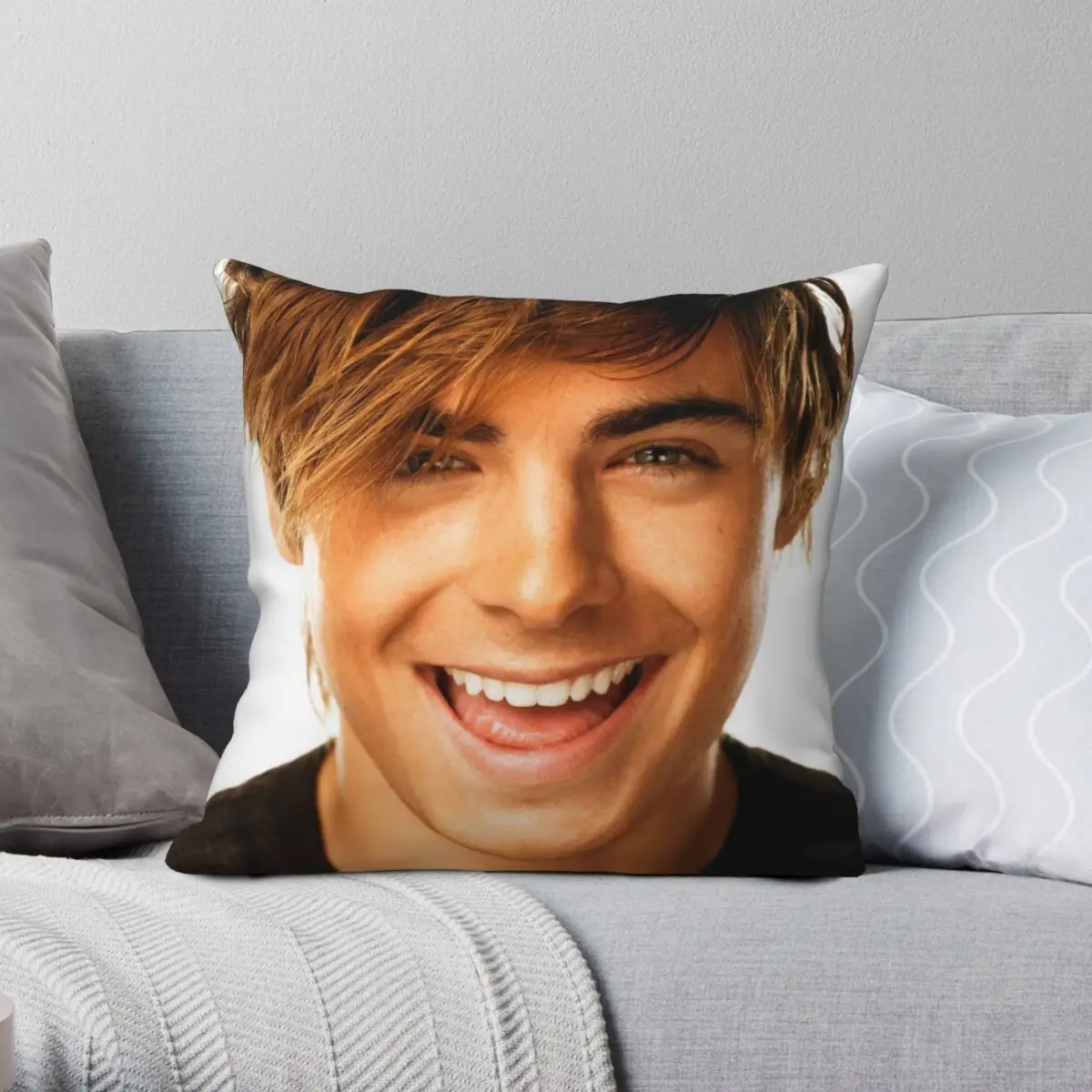 

Happy Zac Efron Square Pillowcase Polyester Linen Velvet Printed Zip Decor Pillow Case Room Cushion Cover
