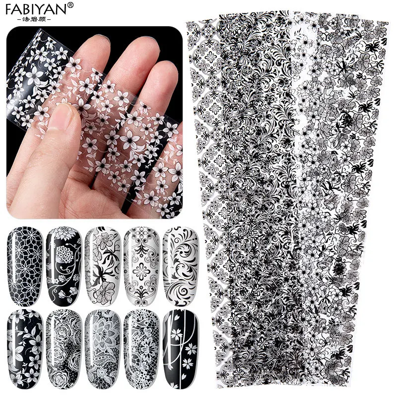 10 шт./компл. черно белые кружевные цветы смешанный дизайн наклейки переводная
