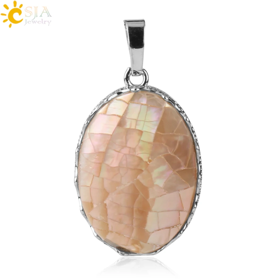 Pink Csja натуральный корпус Abalone овальное серебряное ожерелье с подвеской Цвет Корона Сплав Модные украшения для женщин девочек юбилей подарки G208 - Окраска металла: Pink