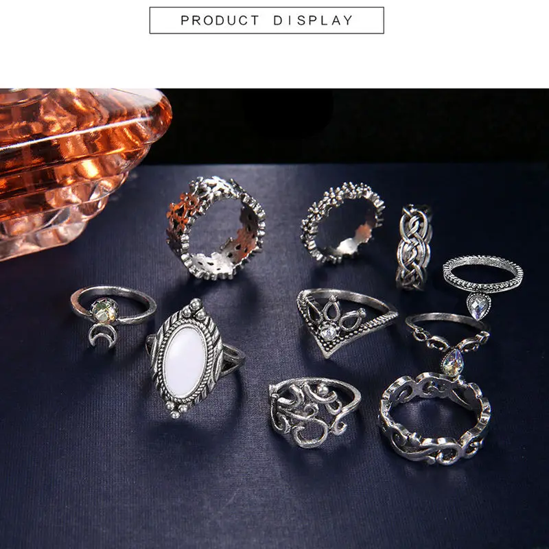 

10Pcs Ring Set Vintage Silver Rings for Women Arrow Moon Knuckle Finger Joint Ring Men Rings Retro Punk Style