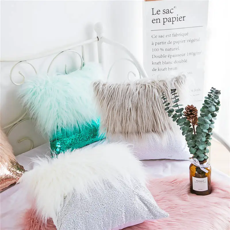 

Long Plush Furry sequins splicing Cushion Cover Fish Scale Glitters Pillowcase Living Room Sofa Plush Throw Pillow Cover 45x45cm